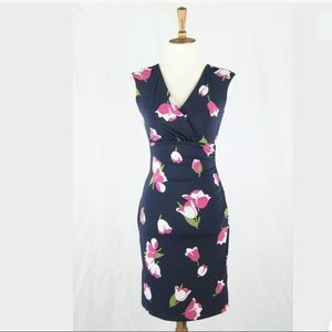 Ann Taylor Navy Floral Ruched Sheath Dress 2 P